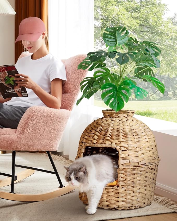 SETVSON Cat Litter Box Plant Furniture Enclosure, Hidden Handwoven Rattan with Cat Litter Box and Artificial Plants, Odor Control Filter, Real Stones in Living Room, Bedroom, Corner Natural
