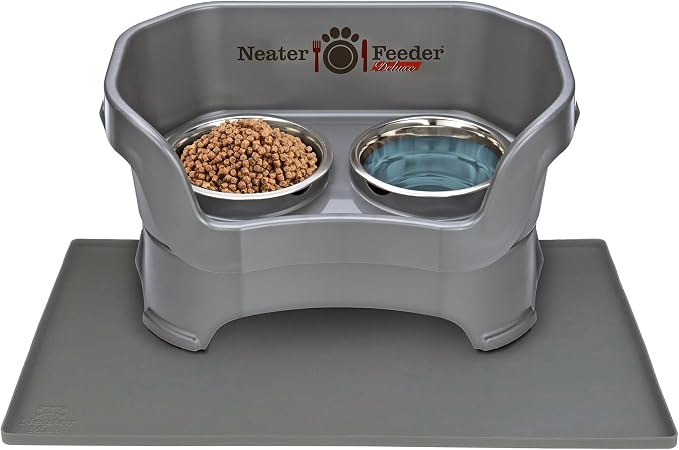 Neater Pets Neater Feeder Deluxe Mess-Proof Food & Water Bowls with Neater Mat Waterproof Silicone Mat - Protect Floors from Food & Water