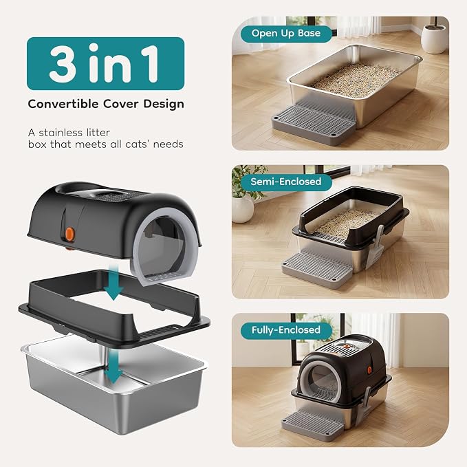 OLIXIS Stainless Steel Litter Box with Lid, Extra Large Enclosed Cat Litter Pan for Big Cats, High Sided Cat Box with Scoop & Mat, Front & Top Entry, Easy Cleaning, Black