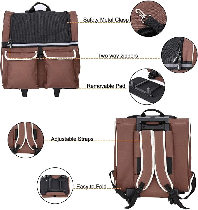 Pet Rolling Carrier Backpack with Wheels, Portable Cat Dog Travel Trolley Bag Carrier Case Luggage Box Backpack for Outdoor Indoor Use for Small Dogs/Cats