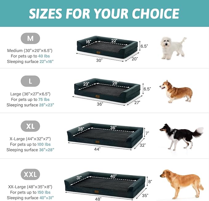 COZY KISS Dog Beds for Extra Large Dog, XXL Bolster Pet Couch with Waterproof Lining, Egg Crate Foam Sofa for Pets Up to 150 lbs, U-Shaped, 48x35x8 inch, Black