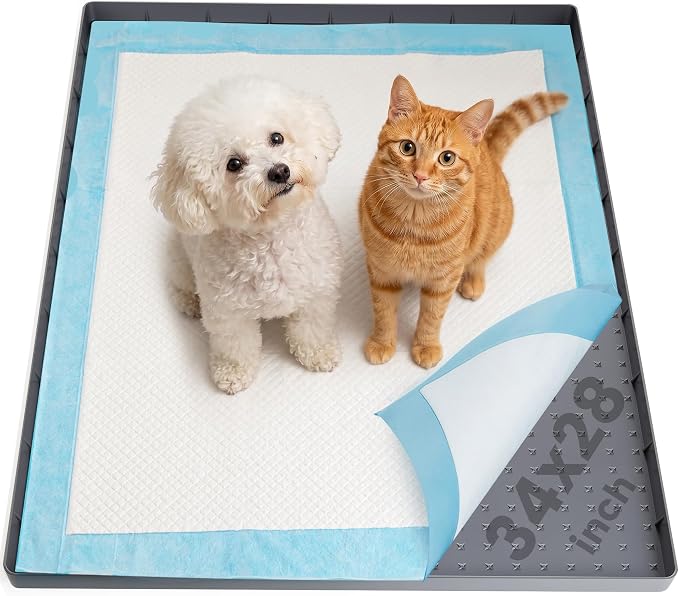 Dog Pee Pad Holder & Cat Litter Mat, L 34'' × 28'', Waterproof Floor Silicone Mat for Pets, Easy to Clean, Soft on Paws (Dark Grey)