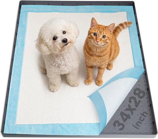 Dog Pee Pad Holder & Cat Litter Mat, L 34'' × 28'', Waterproof Floor Silicone Mat for Pets, Easy to Clean, Soft on Paws (Dark Grey)