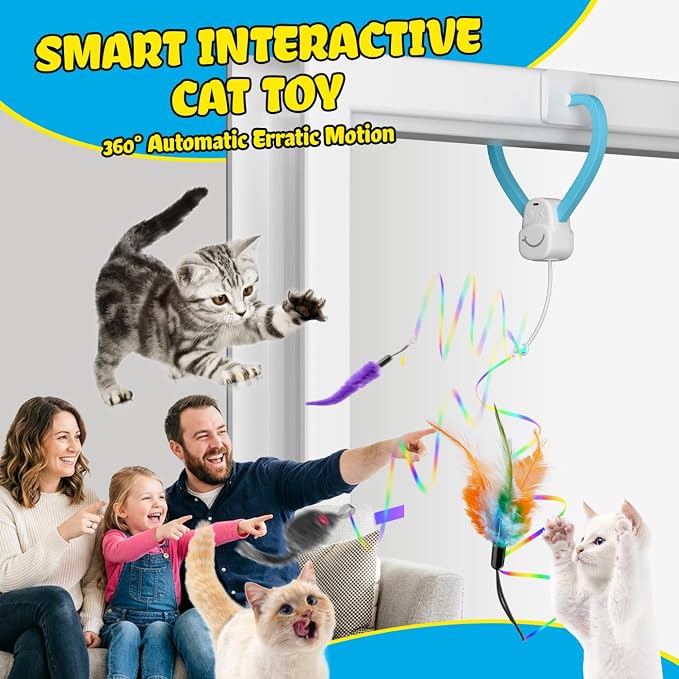 Smart Automatic Door Hanging Cat Toy for Indoor Cats - Electric Interactive Feather Wand, Mouse & Worm Set, 360° Rotating, Type-C Rechargeable, Quiet Self Play Enrichment for Bored Kittens