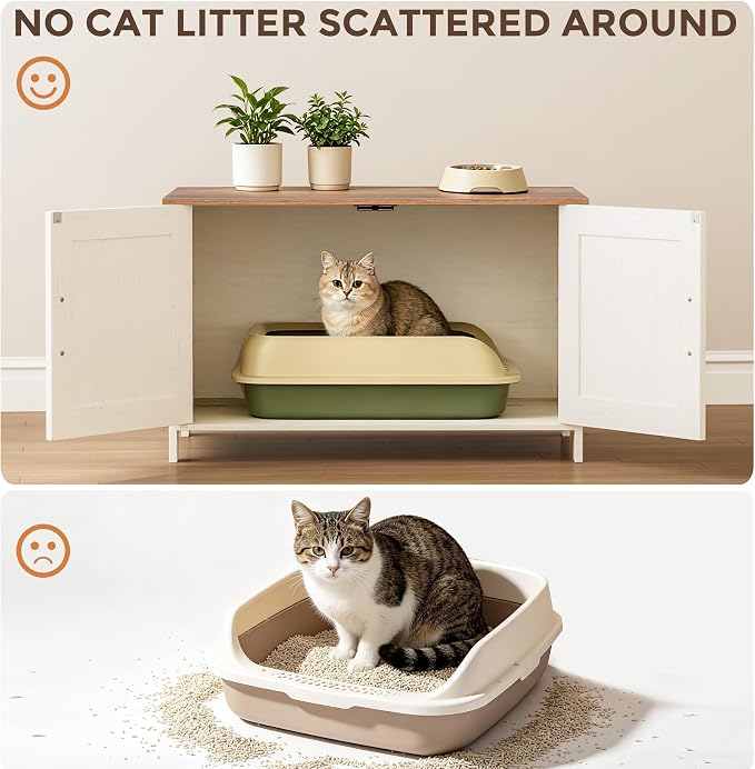 Homhedy Cat Litter Box Enclosure,Litter Box Furniture Hidden with Barn Door,Wooden Cat Washroom Furniture,Fit Most of Litter Box, Rustic White and Brown