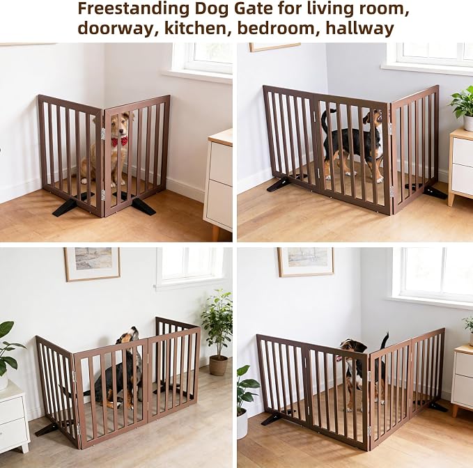 ZJSF Freestanding Indoor Dog Gate for House Foldable Wood Puppy Gate for Doorways Pet Gate for Stairs Extra Wide Pet Fence, Brown, 24" Height 2 Panels