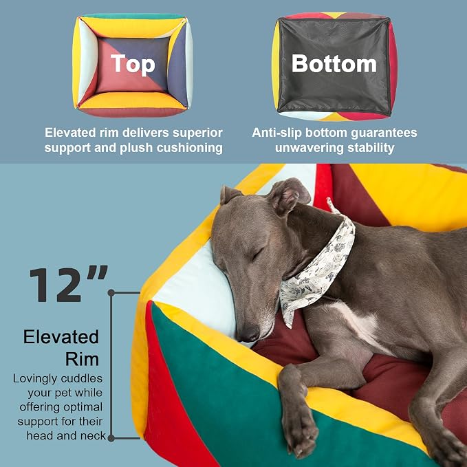 Cotton Canvas Dog Bed, Dog Beds Large Sized Dog, Orthopedic Bed with Washable Removable Cover, Durable 290 GSM Cotton Anti-chewing Pet Bed with Anti-Slip Bottom (38"x30"x12", Red&Yellow&Green)