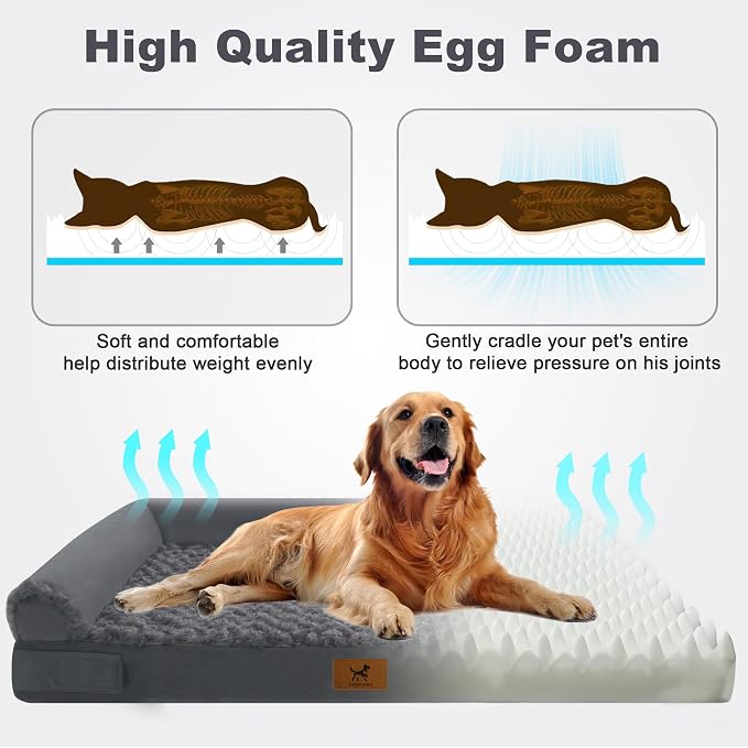 XXL Orthopedic Dog Bed - Breathable Egg-Crate Foam Sofa Couch with Bolster, Water-Resistant Liner & Washable Rose Velvet - Ideal for German Shepherds, Boxers, Dark Gray(48'' x 30'')