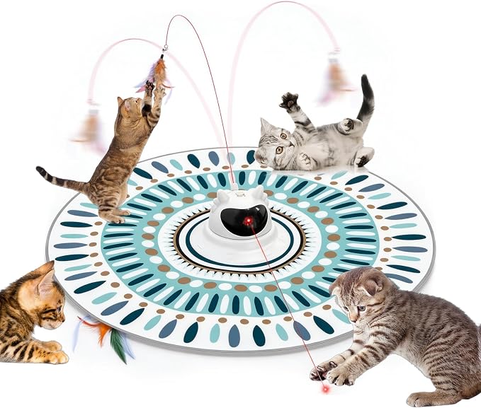 3 in 1 Automatic Interactive Cat Toy for Indoor Cats, USB Rechargeable Adjustable Laser, 360° Rotating Feather Wand, Real Bird Chirp, Motion-Activated Hide Seek Mat, Auto-Off, Quiet Operation