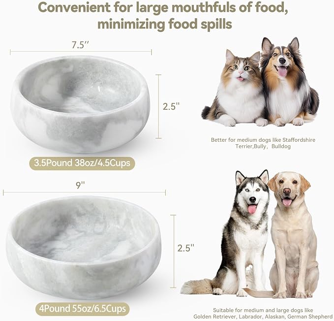 Karibiber Grey Marble Dog Bowl, 6lbs Non-Slip,Non-Tipping Heavy Dogs Food Bowl, Large Dog Dish, Weighted Food and Water Bowls for Large Dogs, Natural Marble, Easy to Clean, Holds 6 Cups