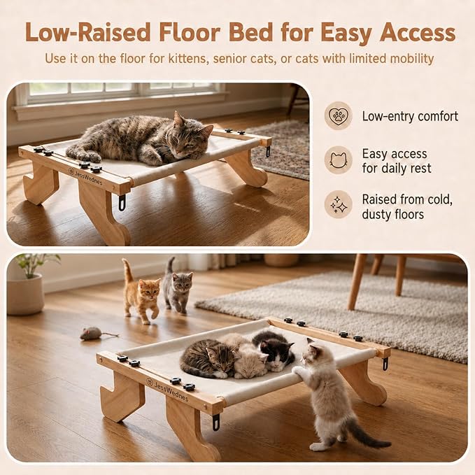 Wide Stable 40 lb Tested Cat Window Perch for Large Cats, 20.1 x 25.2 in Overall Frame, Solid Wood Cat Window Seat with Suction Cups & Steel Hooks, No-Drill for Windows & Sofas