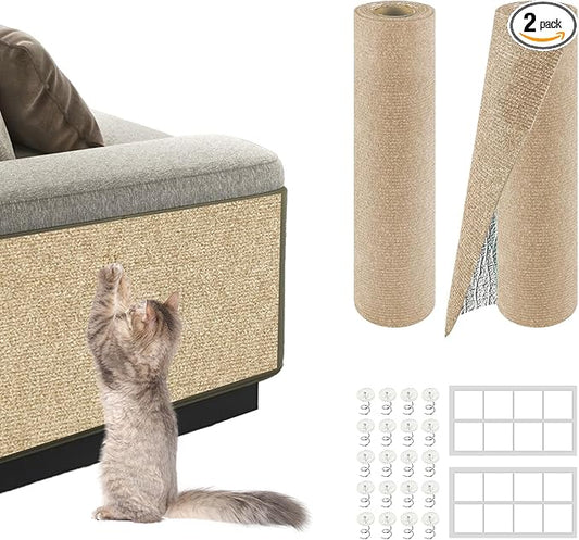 Cat Scratch Mat for Couch, Wall & Cat Tree – 78.7" Trimmable Self-Adhesive Cat Scratcher, Furniture Protector for Cats, Felt Alternative to Sisal, DIY Replacement for Cat Tower, 2 Pack (Khaki)