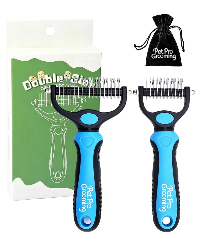 Tool, 2-In-1 Deshedding Dog Brush, Double-Sided Grooming Tool for Thick Coats, Rounded-Tooth Comb for Painlessly Removing Knots and Loose Hair (Blue-Large+Small)