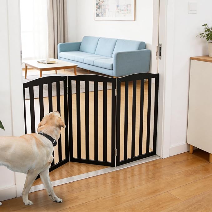 Freestanding Dog Gate Indoor,Doggie Gate Foldable Pet Gates for Doorways,Stairs or Hallways, Wooden Black Pet Gate for the House, Pet Fence,32 "Height-3 Panels
