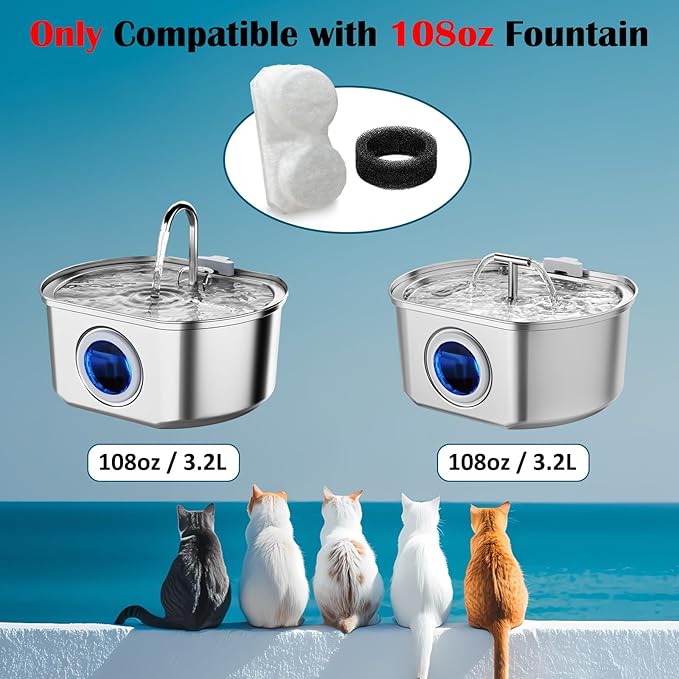 24 Pack Cat Fountain Replacement Filters Compatible with Neareal 108oz/3.2L Stainless Steel Pet Water Fountain(12 Filters & 12 Sponges)