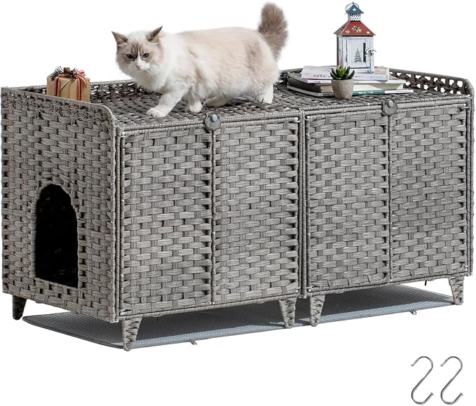Cat Litter Box Enclosure Furniture, Handwoven Rattan Cat Houses, Hidden Cat Washroom Furniture with Door/Mat, Large Space Cat Houses with S-Shaped Hooks, Living Room, Bedroom, Gray