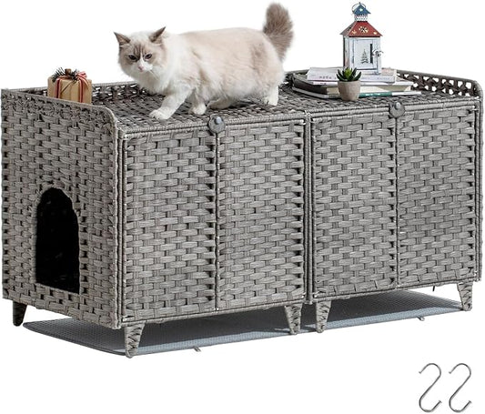 Cat Litter Box Enclosure Furniture, Handwoven Rattan Cat Houses, Hidden Cat Washroom Furniture with Door/Mat, Large Space Cat Houses with S-Shaped Hooks, Living Room, Bedroom, Gray