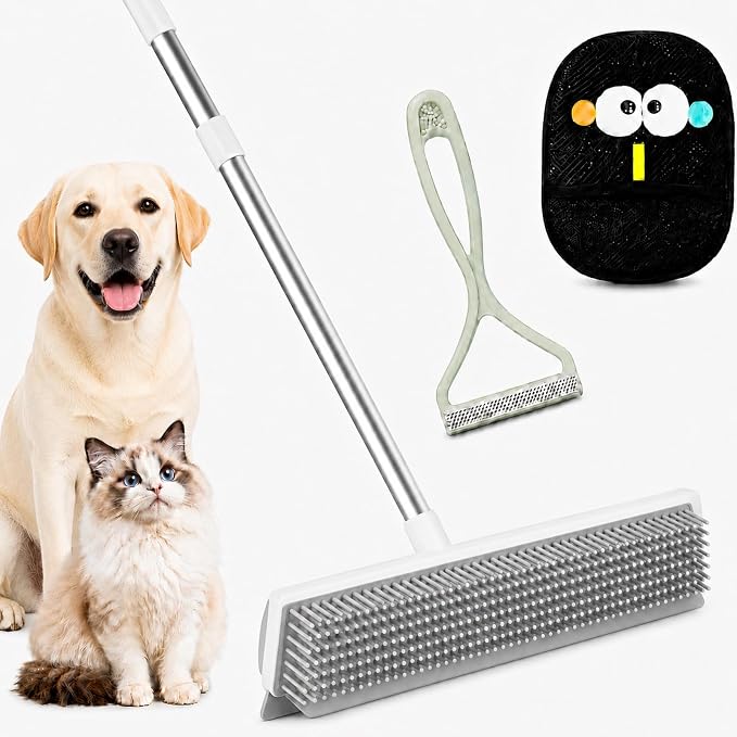 GOOGO Pet Hair Removal Tool Kit, 3 in 1 Carpet Rake Set with White Long Handle Brush, Mint Green Scraper and Scalable Pet Broom Glove for Carpets, Couches and Cars