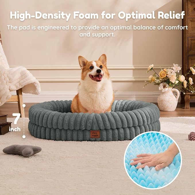 ChiXnuggle Orthopedic Dog Bed for Large Dogs, Waterproof Faux Rabbit Fur Dog Couch with Egg Crate Foam Support and Washable Removable Cover, Bolster Pet Sofa with Non-Slip Bottom, 35x28x7, Grey