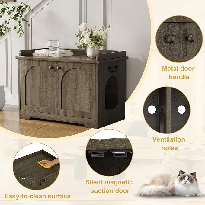 Cat Litter Box Enclosure, Hidden Litter Box Furniture with 2 Door, Pet House Fit Most of Litter Box, Dark Oak Gray