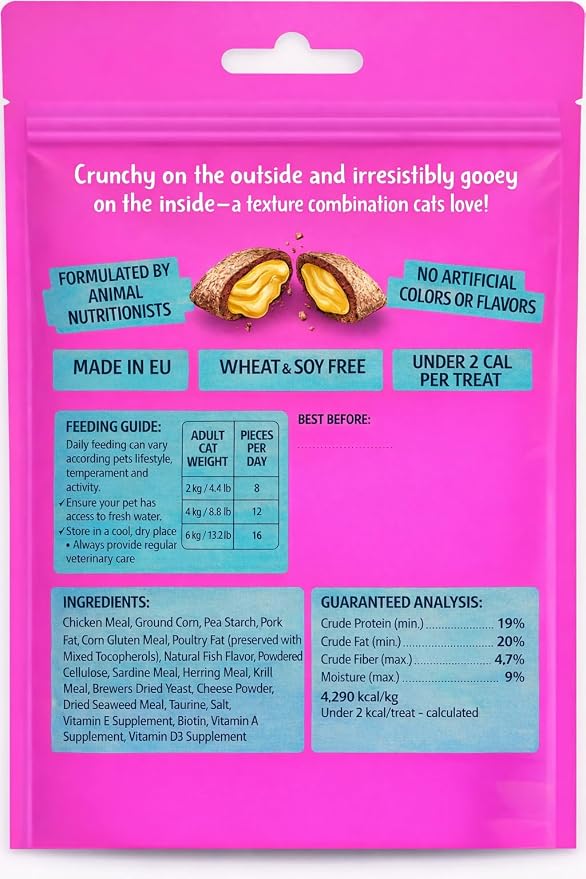 Calming Cat Treats for Indoor Cats – Crunchy Pillow Bites Gooey Center – Seafood Low Calorie Kitty Treats – Cat Snacks Food Topper Training Reward Wheat Soy Free Healthy Dental – 6oz Resealable
