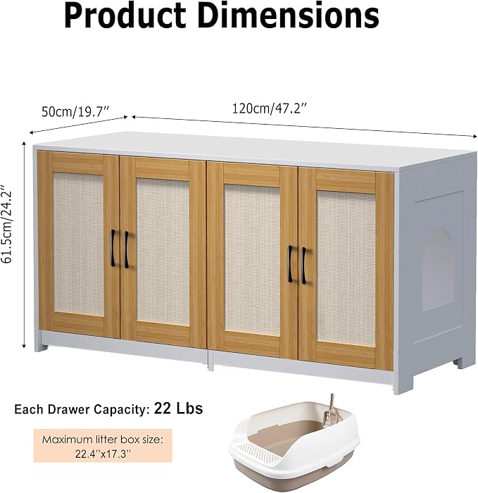 Double Room Litter Box Enclosure, 47 Inch 2 Cats Hidden Litter Box Furniture with Sisal Doors and Sliding Bottom Drawers, Wood Indoor Cat Cabinet TV Stand White