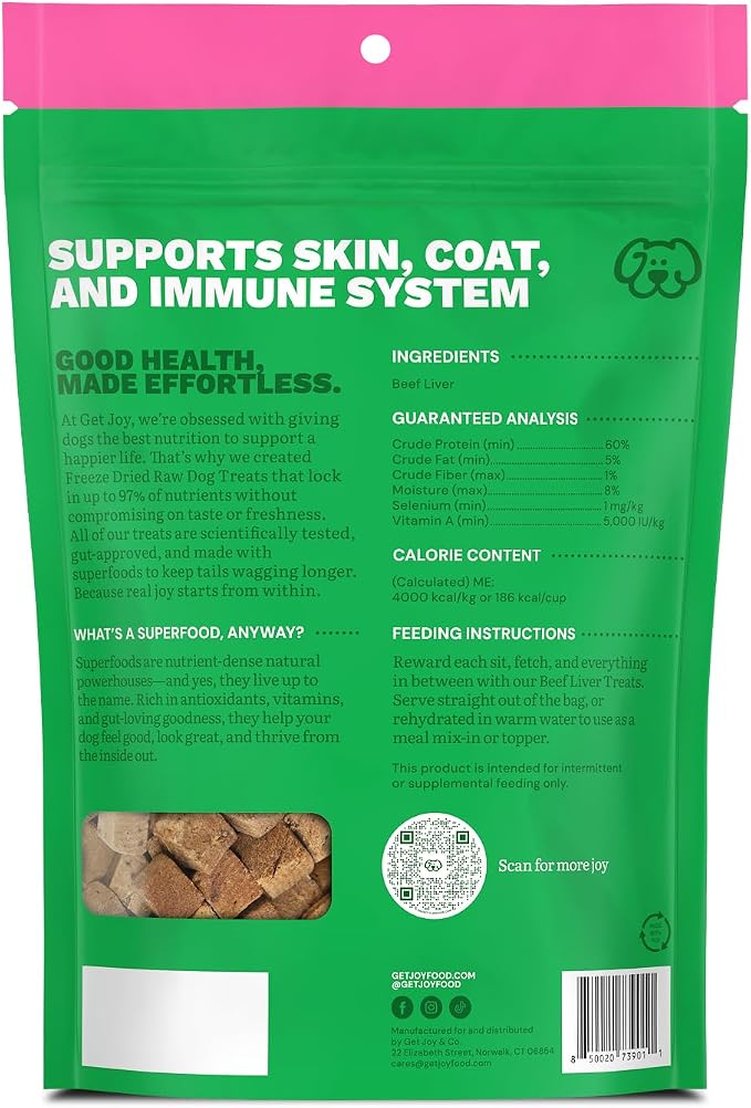Get Joy Freeze-Dried Meal and Treats Bundle, Strength 100% Beef Liver Dog Treats, 4 Ounce, and Gut Health Fresh Freeze Dried Raw Meal Dog Food, Beef Recipe, 16 Ounce