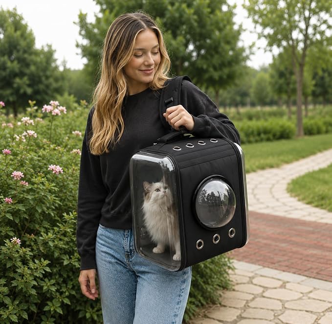 Portable PetCarrier Bag, Shoulder Backpack, Foldable and Waterproof with Acrylic Panels, Large Capacity with Zipper, Anti-Sway Buckle & Anti-Escape Hook, Perfect for Cats and Puppies (Black)