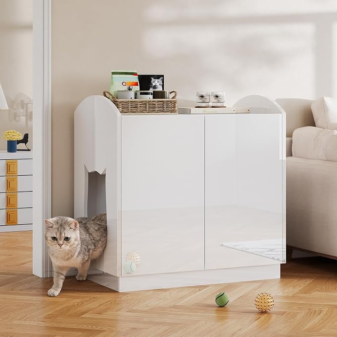 DWVO Large Hidden Litter Box Furniture with Hooks, Modern Cat Litters Box Enclosure for M/L/XL Litter Boxes, Wooden Secret Cat Cabinet, High-Gloss White