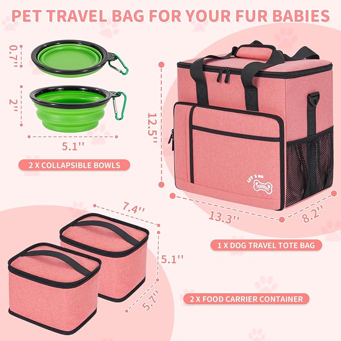 Dog Travel Bag,Large Pet Travel Bag for Supplies with 2 Food Container and Collapsible Bowls,Dog Travel Supplies Organizer Kit for Weekend,Road Trips,Camping