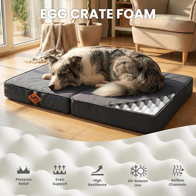 Laifug Foldable Waterproof Dog Bed for Large Dogs - Outdoor Orthopedic Dog Bed with Washable Removable Cover, Pet Mattress with Handles, Elephant Grey, (44 x 32 x 3.5 inches)
