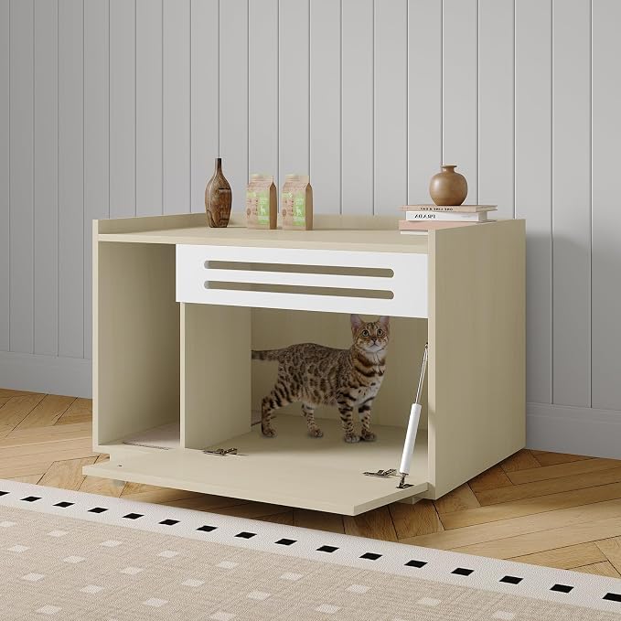 31.5 Inch Modern Litter Box Enclosure Cabinet, Concealed Litter Box with Vent Door/Left Side Storage Drawer & Shelf/Small Storage Cabinet/Raised Legs/Top Protectors,for All Kinds of Cats