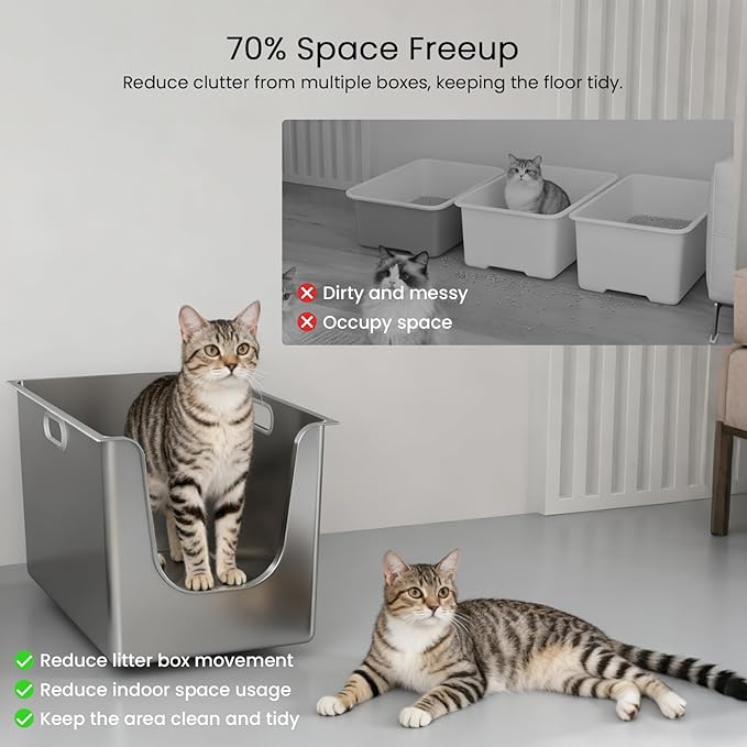 Stainless Steel Litter Box 13.7'' High Sides, XL Metal Cat Litter Box with Curved Low Entry, Cat Litter Pan for Big & Multiple Cats, Pet Toilet with Handy Wheels for Easy Moving