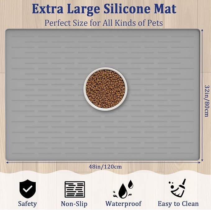 48"x32" Extra Large Pet Food Mat, 1.5MM Super Thick Silicone Dog Mats for Food and Water, XXXL Nonslip Pet Feeding Mats for Floors,Dog Cat Bowl Mat with Raised Edges, Black