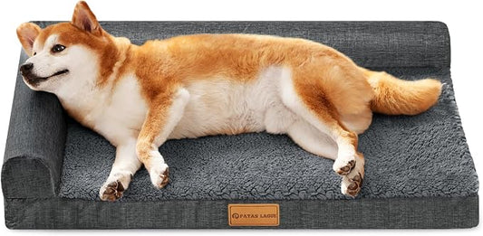 Patas Lague Orthopedic Dog Bed Medium Size Dog 30''X20'', Waterproof L Bolster Medium Pet Sofa Beds with Removable Washable Cover, Soft Pet Couch Crate Mat with Nonskid Bottom, Dark Grey