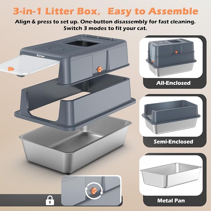 Stainless Steel Litter Box with Lid, Extra Large Litter Box Enclosed Top Entry Metal Litterbox for Big Cats Easy Cleaning Anti-Leakage & High Sided Grey
