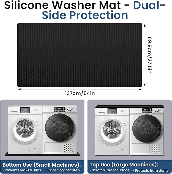 Large Washing Machine Mat 54" x 27.5" Silicone Under Washer Dryer Pan Raised Edge Non-Slip Waterproof Drip Tray for Laundry Room Garage Dog Crate Cat Litter Box Flowerpot (Black)