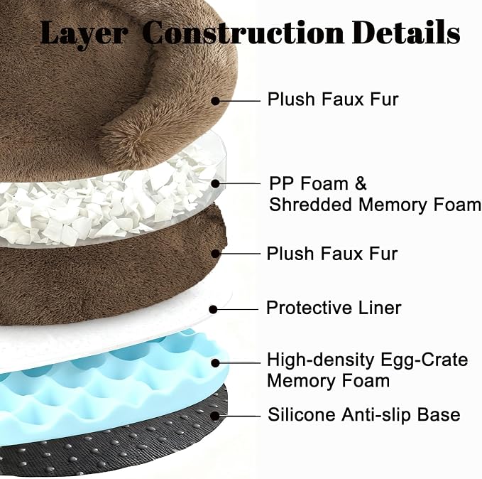 Calming Dog & Cat Beds with Orthopedic Egg-Crate Foam Raised Rim, Soft Fluffy Faux Fur Pet Bed for Small Medium Dogs, Anxiety Relief Spine Support, Machine Washable Cover (Round, Coffee 23")