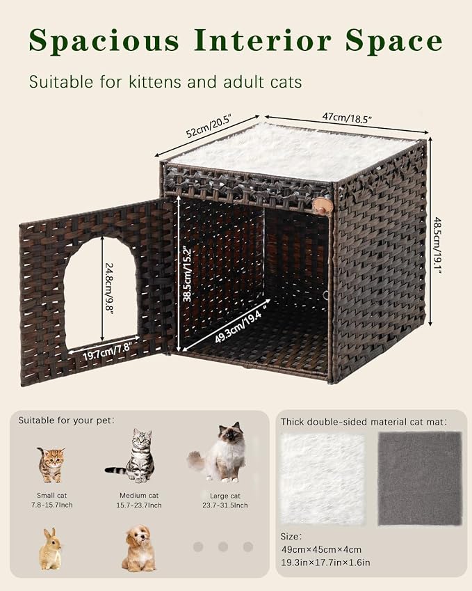 SETVSON Cat Beds for Indoor Cats Extra Large Double Cat Cave Pet Cube, Handwoven Rattan Cat Houses with Double-Sided Soft Cushions, 18.5 x 20.5 x 19.1 Inches Foldable Hideaway in Living Room Brown
