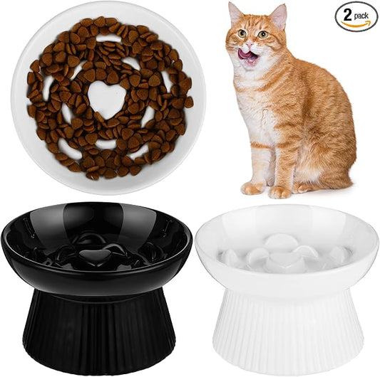 Tioncy 2 Pcs Raised Cat Slow Feeder Bowl Ceramic Elevated Cat Dog Food Bowl No Spill High Edge for Dry Wet Food and Water Easy to Clean, Dishwasher Safe (Black,White)