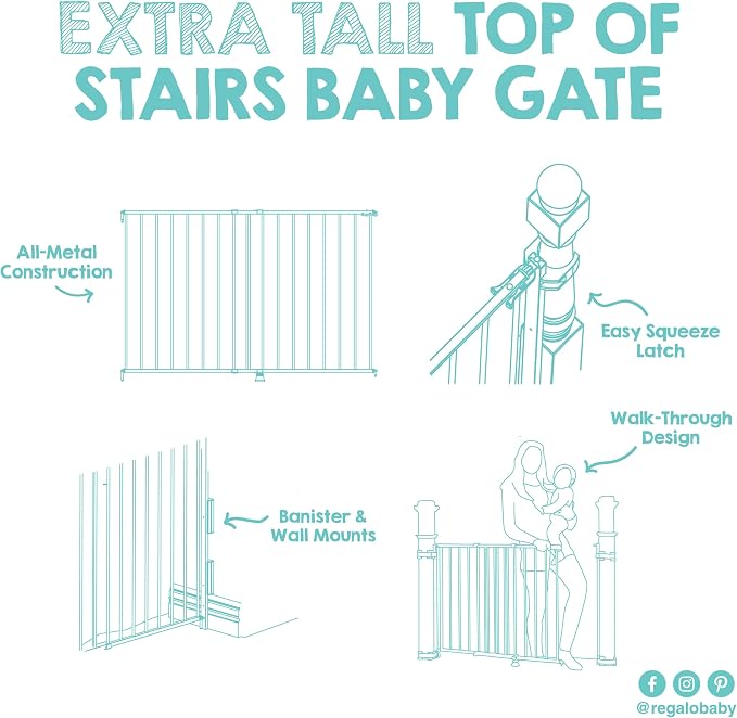 Regalo Safety 35" Extra Tall Baby Gate for Stairs, Hardware Mounted Wide Stair Gate, Fits 34"–55" Openings, Includes Wall & Banister Mounting Kit, White