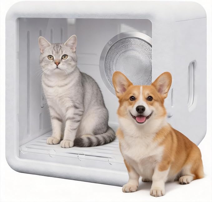 65L Automatic Dog Dryer Box With Smart timer, 360° warm braw and Ultra Quiet Pet Dryer Box with Smart Temperature Control, Cat Dryer for Cat and Small Dogs, White
