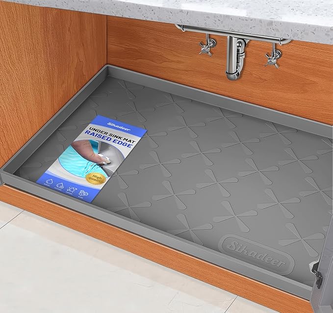 SIKADEER Waterproof Under Sink Mat 22x19, Raised Edge Silicone Mat Under Sink Shelf Liner, Sink Protector Kitchen Cabinet Tray for Bathroom Vanity and Small Cabinets, Cat Food Mat