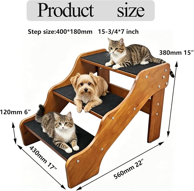 Solid Wood pet Staircase Walnut Paint, Dog Ladder, Suitable for high beds, Sofas, and Cars, with a Weight Capacity of 500 pounds, Anti Slip Staircase, Suitable for Large Pets (Walnut 3 Steps)