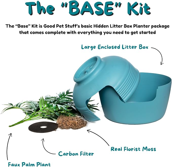 Good Pet Stuff Original Hidden Litter Box Planter, Decorative Cat Litter Enclosure, Carbon Filter, Faux Plant, Round Design, Easy to Clean, Base Kit, Palm Plant, Coastal Blue