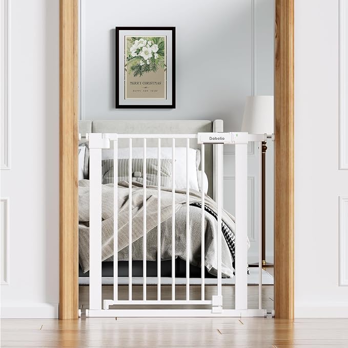 Babelio Baby Gate for Doorways and Stairs, 31-36" Pet Gate with Wide Walk Thru Door and Lock Indicator, No Drill Pressure Mounted Safety Gate with Double Lock and Self-Closing, White