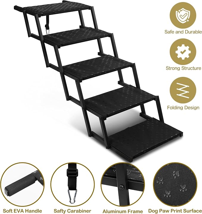 Dog Stairs for Car - Foldable Dog Ramps for Large Dogs with Non Slip Surface, Portable Dog Steps for Cars and SUV, Truck, Support Up to 200 Lbs