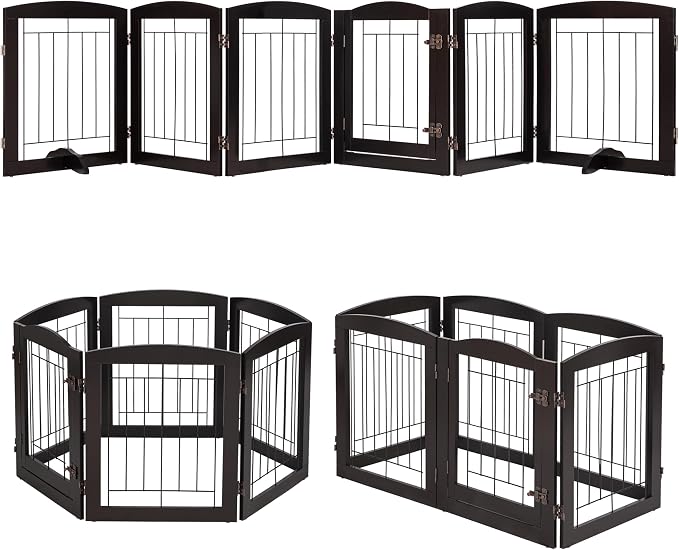 PAWLAND Dog Gate Indoor with Walk Through Door, Foldable Free Standing Pet Gate for Doorways, Stairs, the Houes, Pet Puppy Safety Fence, 120 in Extra Wide, 6 Panels, Support Feet Included, Espresso