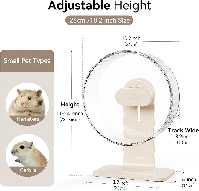 Quiet Hamster Wheel 10.2 Inch Dual-Bearings Silent Small Animals Running Exercise Wheel Height Adjustable for Syrian Hamsters, Gerbils, Rats, or Other Small Pets, Transparent