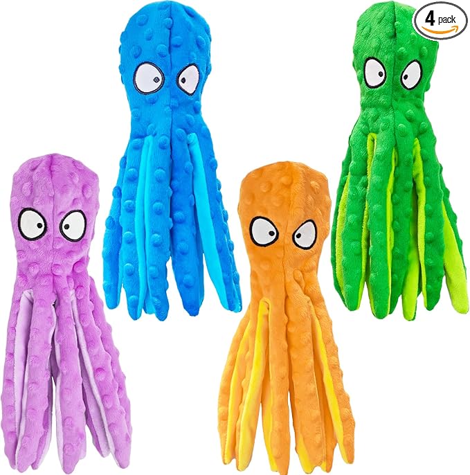 4 Pack Squeaky Dog Toys - Octopus Plush Dog Toys for Aggressive Chewers, No Stuffing, Crinkle, Durable Interactive, 4 Colors
